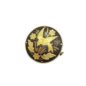 1940s Gold Tone Damascene Floral Bird Pin Brooch Trombone Clasp Vintage Round